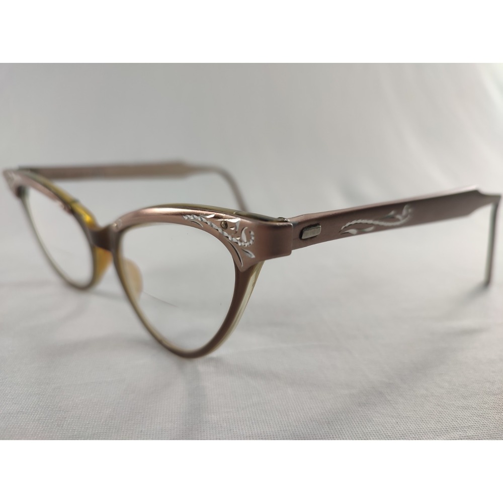 Vintage SRO Styl-Rite Optical Cat Eye Glasses Rose Gold Aluminum Engraved USA